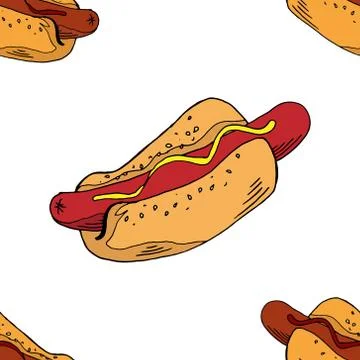 Seamless pattern of hot dog. Hand drawn hot dog. Seamless background of hot d Stock Illustration