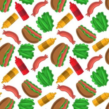 Seamless pattern with hot dog ingredients Stock Illustration