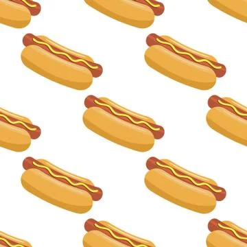 Seamless pattern with hot dog on a white background. Vector illustration. Stock Illustration