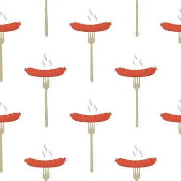 Seamless pattern with hot sausage and fork on white background for kitchen, t Stock Illustration