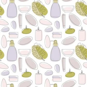 Seamless pattern with hot stones, candles, tropical leaf, oil bowl, cream jars Stock Illustration