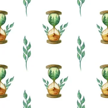 Seamless pattern hourglasses and tree branches on white background Stock Illustration