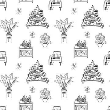Seamless pattern with house plants. Doodle illustration of home comfort, sketch Stock Illustration