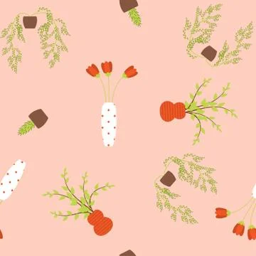 Seamless pattern of house plants on a pink background Stock Illustration