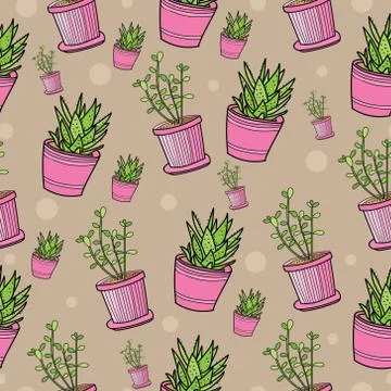 Seamless pattern with house plants in pink pots. Cute and colorful background Stock Illustration