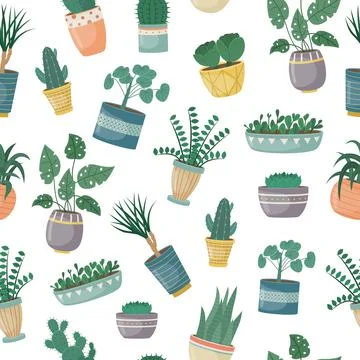 The seamless pattern with house plants in pots. Planting plants. Decorative p 스톡 일러스트