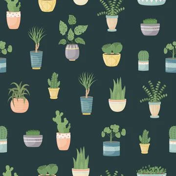 The seamless pattern with house plants in pots. Planting plants. Decorative p Stock Illustration