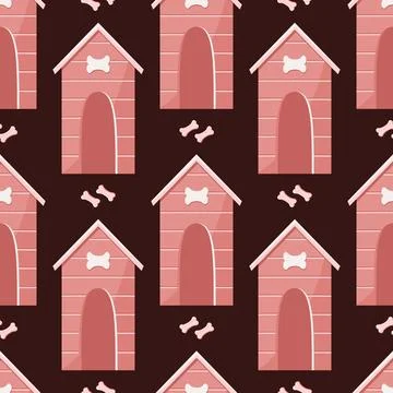 Seamless pattern with a house for a red dog and bones, dog food. Stock Illustration