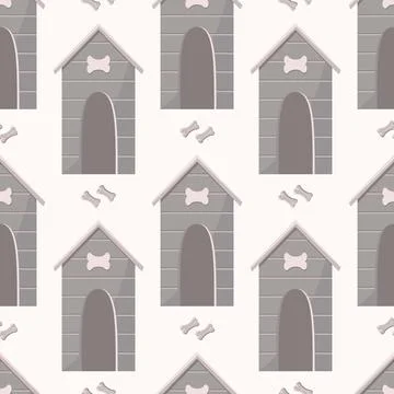 Seamless pattern with a house for a red dog and bones, dog food. Stock Illustration