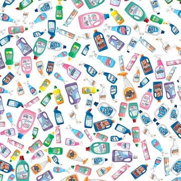 Seamless Pattern of Household Cleaning Product Bottles and Spray Containers Stock Illustration