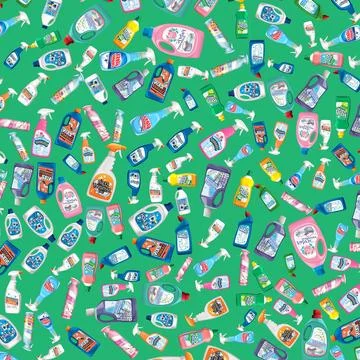 Seamless Pattern of Household Cleaning Product Bottles on Green Background 스톡 일러스트