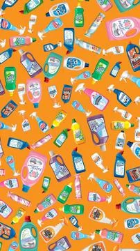 Seamless Pattern of Household Cleaning Products and Detergent Bottles Stock Illustration