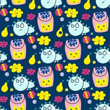Seamless pattern, household items toys, cactus, dishes. Kavayny faces Stock Illustration