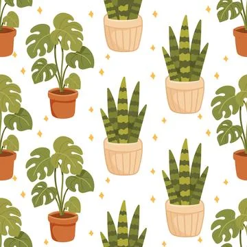 Seamless Pattern with Houseplants in Decorative Pots Stock Illustration