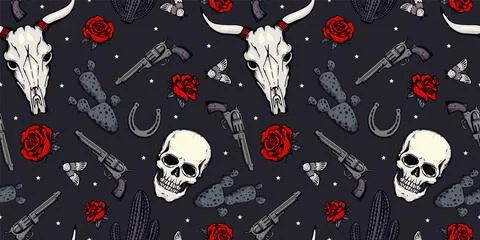 Seamless pattern with human and cow skulls with horns, revolvers, roses and c Stock Illustration