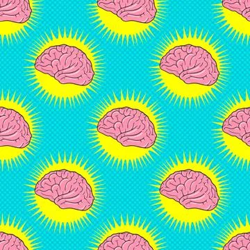 Seamless pattern with Human brain. Pop Art vintage vector illustration Stock Illustration