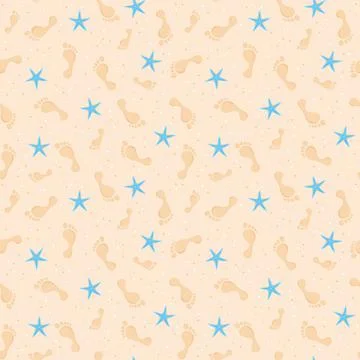 Seamless pattern of human footprints and starfish on the beach sand Stock Illustration