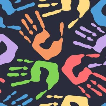 Seamless pattern with human handprints, colorful man hand stamps on dark Stock Illustration