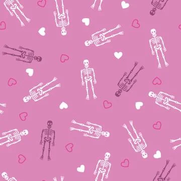 Seamless pattern. Human skeletons and hearts on pink background. Halloween. Stock-Illustration