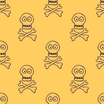 Seamless pattern with human skull and bones. Primitive cartoon style Doodle.  Stock Illustration