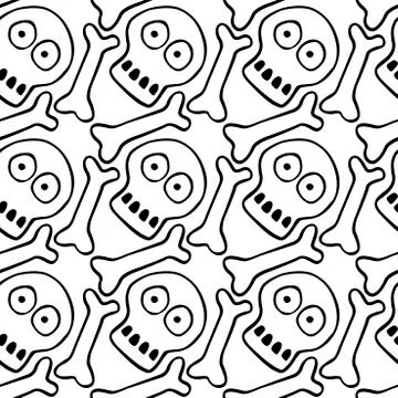 Seamless pattern with human skull and bones. Primitive cartoon style Doodle.  Stock Illustration