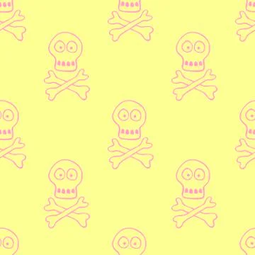 Seamless pattern with human skull and bones. Primitive cartoon style Doodle.  Stock Illustration