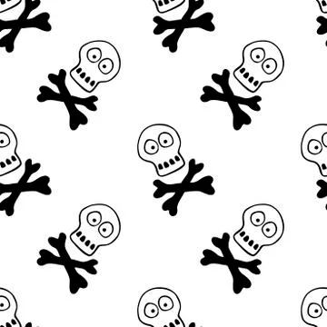 Seamless pattern with human skull and bones. Primitive cartoon style Doodle.  Stock Illustration