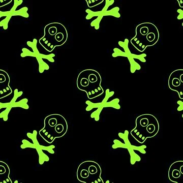 Seamless pattern with human skull and bones. Primitive cartoon style Doodle.  Stock Illustration