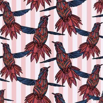 Seamless pattern with Hummingbird and stripes. Stock Illustration