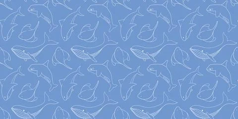 Seamless pattern with humpback whale, shark, stingray fish and killer whale on Illustrazione stock