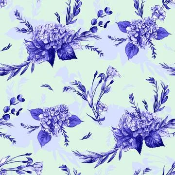 Seamless pattern with hydrangea and herb flowers in blue monochrome Stock Illustration