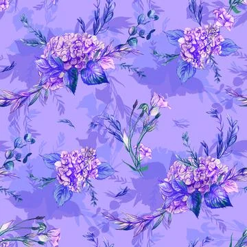 Seamless pattern with hydrangea and herb flowers in purple shades Illustrazione stock