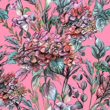 Seamless pattern with hydrangea flowers and herbs drawn in watercolor and pencil Stock Illustration