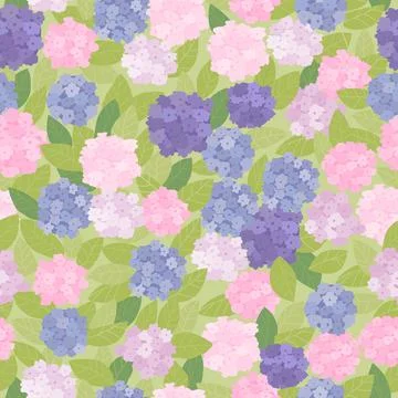 Seamless Pattern with Hydrangea Flowers, Petals and Leaves on Green Background Illustrazione stock