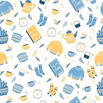 Seamless pattern with hygge concept items. Colorful illustration design. Stock Illustration
