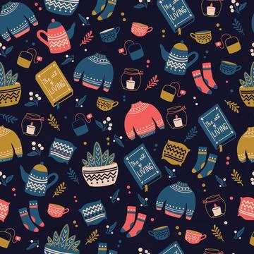 Seamless pattern with hygge concept items. Colorful illustration design Stock Illustration