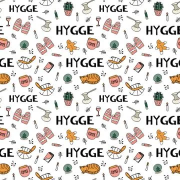 Seamless pattern with hygge hand drawn elements Stock Illustration