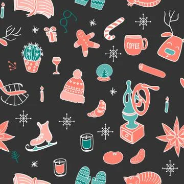 Seamless pattern with hygge hand drawn elements Stock Illustration