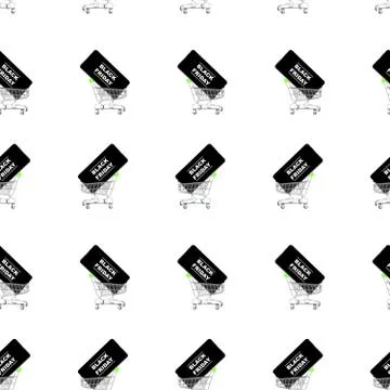 Seamless pattern, hypermarket baskets and smartphone with black Friday, disco Stock Photos