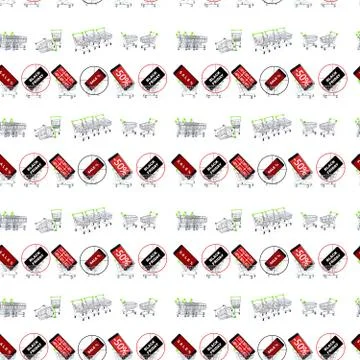 The seamless pattern of hypermarket baskets is empty and with discounts and s Stock Photos