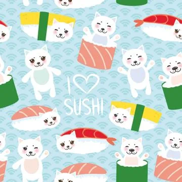Seamless pattern. I love sushi. Kawaii funny Sushi set and white cute cat wit Illustrazione stock