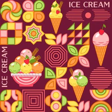 Seamless pattern with ice cream, abstract geometric shapes, text. Stock Illustration