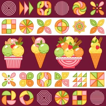 Seamless pattern with ice cream, abstract geometric shapes Stock Illustration