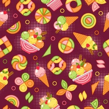 Seamless pattern with ice cream, abstract geometric shapes, halftone. Stock Illustration