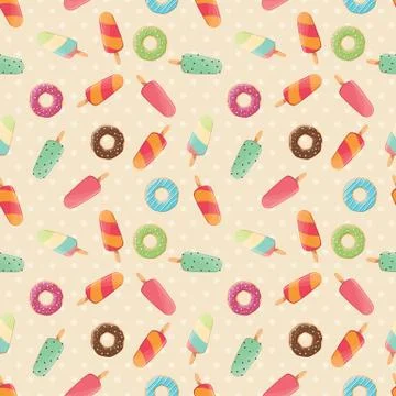 Seamless pattern with ice cream and colorful tasty donuts Stock Illustration