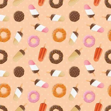Seamless pattern with ice cream and colorful tasty donuts Stock Illustration