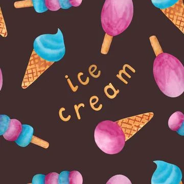 Seamless pattern with ice cream and the inscription on a brown background. Stock Illustration