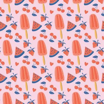 Seamless pattern with ice cream and berries on pink backdrop Stock Illustration
