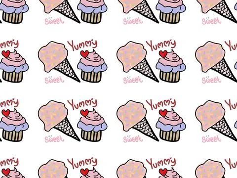 Seamless Pattern of Ice Cream and Cupcakes with Cute Text Design Stock Illustration