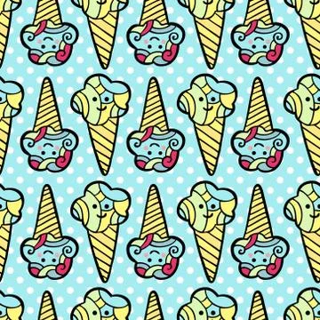 Seamless pattern with ice-cream on blue dotted background 스톡 일러스트